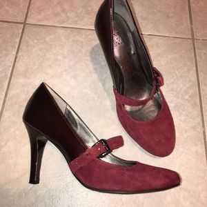 Anne Klein burgundy heeled bootie w/ buckle strap